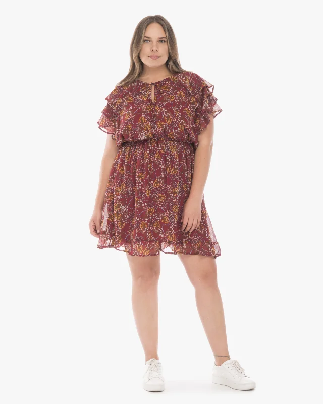 Bargain Prices Emma Chiffon Ruffle Sleeve Dress | Burgundy / Orange