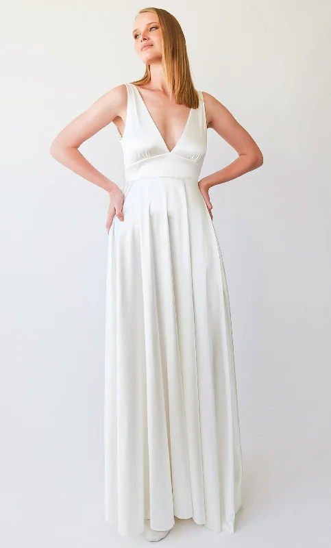 Don't Wait Silky Satin Deep V Neckline Simple Minimalist Wedding Dress #1395