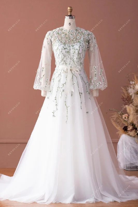 Deal Explosion Rustic Flower Lace Bubble Sleeve Blouse A-line Wedding Dress