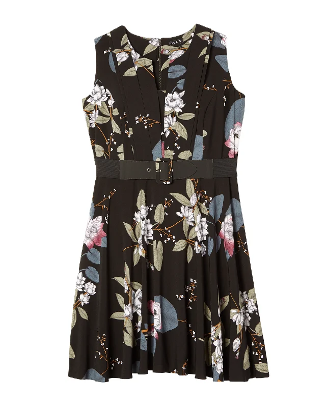 Steals and Deals Lyra Belted Fit & Flare Dress  | Black / Azure Blue