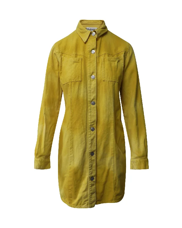 Hurry In Ganni Denim Button Front Shirt Mini Dress in Yellow Cotton