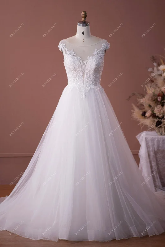 Super Savings Illusion Neck Cap Sleeve Lace Tulle A-line Wedding Dress