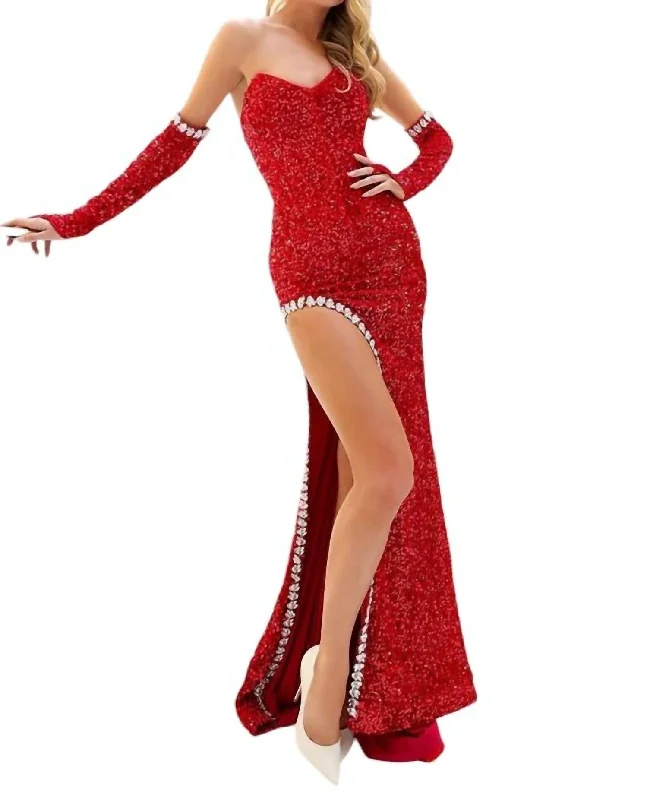 Huge Savings Velvet Sequins Evening Dress In Red