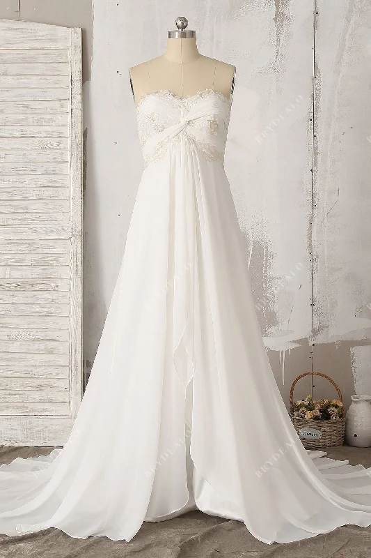 Mega Deal Strapless A-line Lace Chiffon Beach Wedding Dress