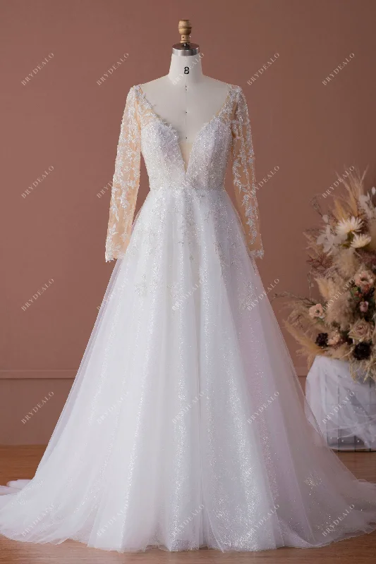 Savings Galore Leaf Lace Plunging Tulle Illusion Sleeved Wedding Dress