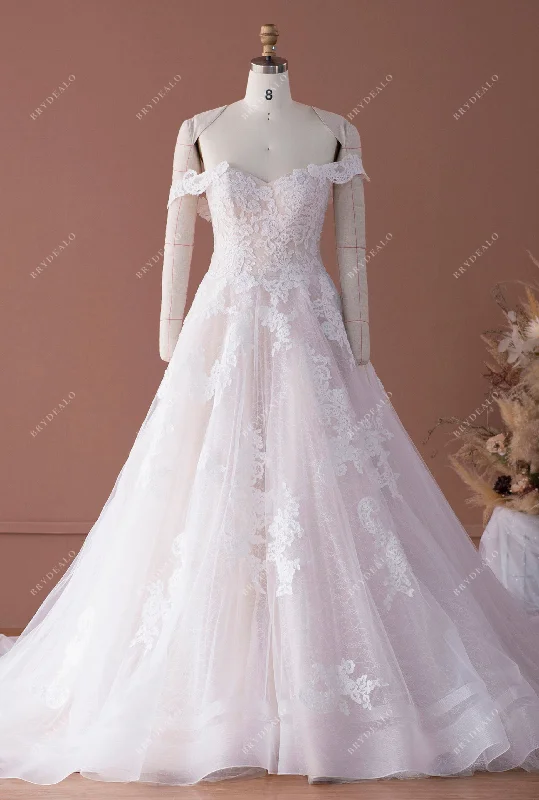 Best Bargains Off Shoulder Sweetheart Lace Horsehair Hem Ballgown Wedding Dress