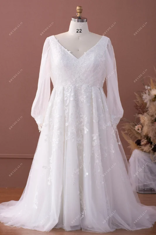 Online Exclusive Plus Size Long Bubble Sleeve Lace A-line Wedding Dress