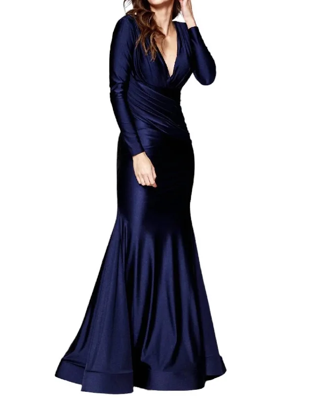Blowout Sale Fitted Long Sleeve Lycra Gown In Navy