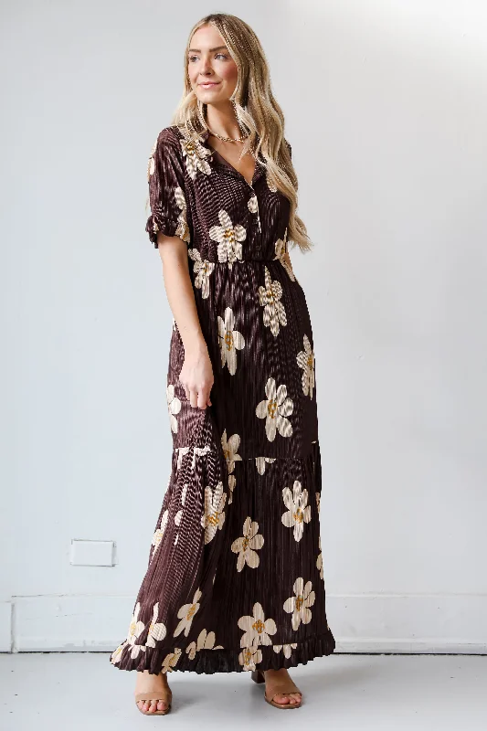 Super Deal FINAL SALE - Exceptional Sweetness Brown Plisse Floral Maxi Dress