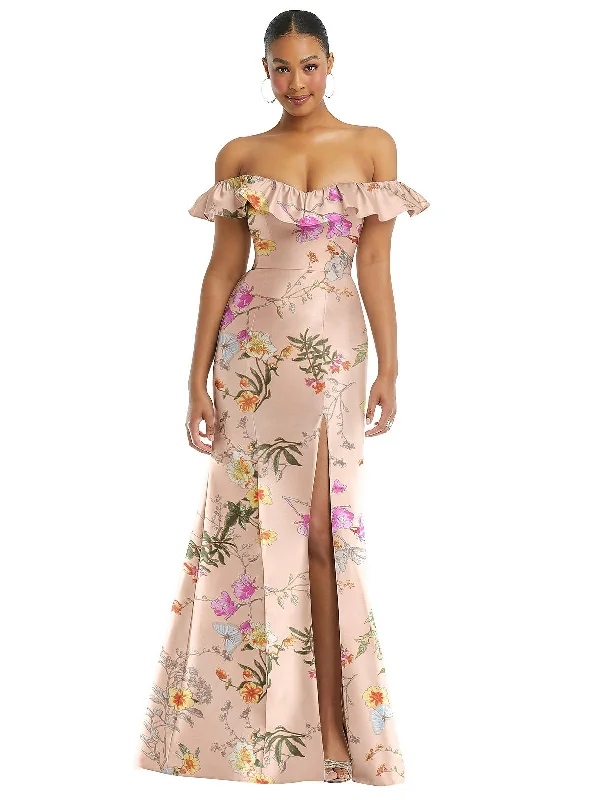 Great Deals Off-the-Shoulder Ruffle Neck Floral Satin Trumpet Gown
