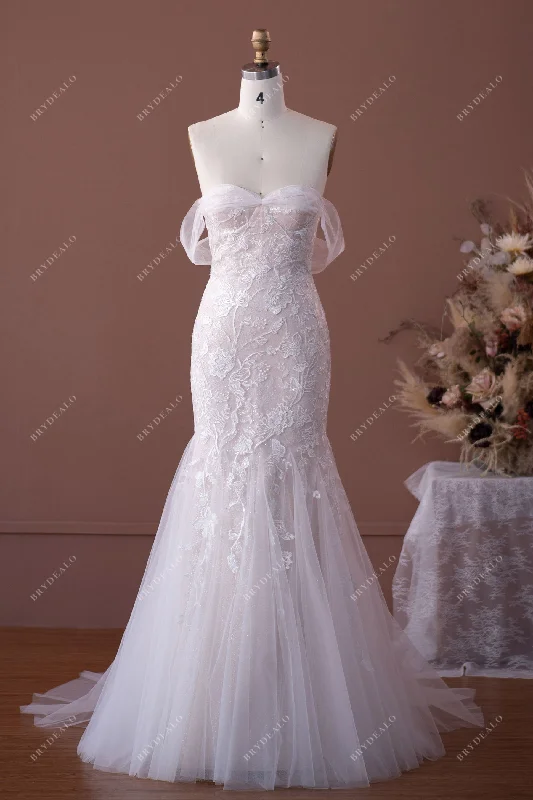 Huge Discounts Shimmery Off Shoulder Lace Tulle Mermaid Wedding Gown