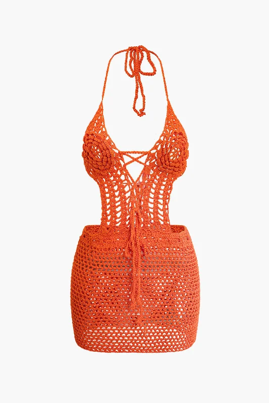 Super Deal Crochet Halter Backless Mini Dress