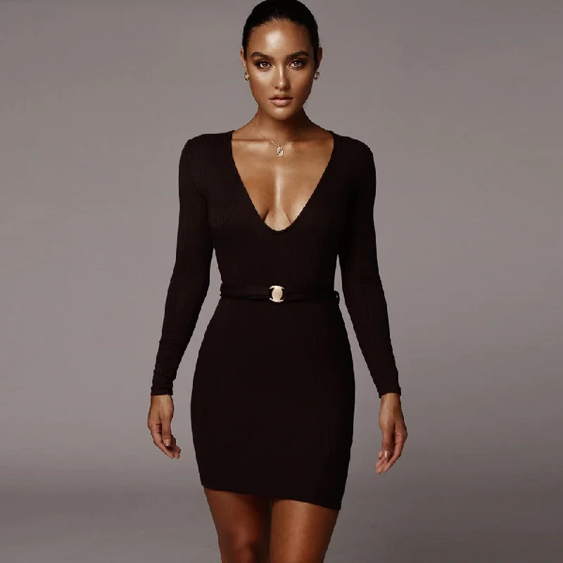 Unbeatable Prices V Neck Belt Plain Bodycon Long Sleeve Dress