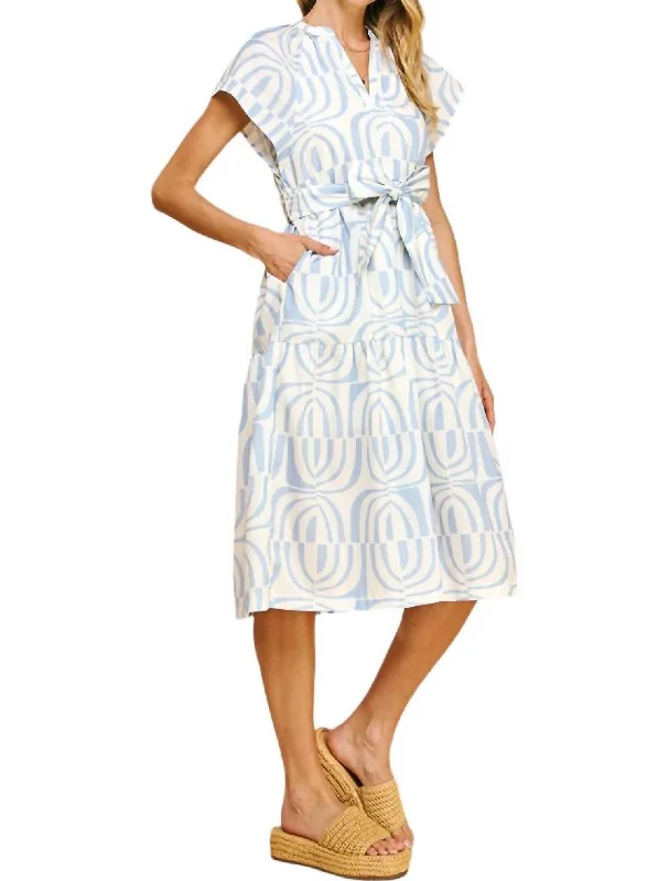 Final Markdown Print Tiered Midi Dress In Light Blue