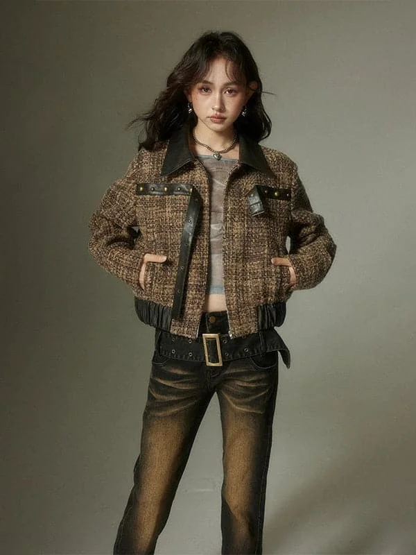 Discount Extravaganza Fragrant Plaid Leather Jacket With Small Splicing