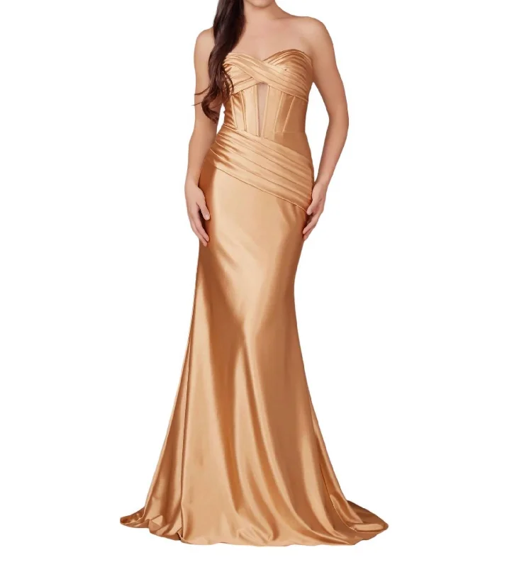 Best Seller Satin Fitted Strapless Corset Gown In Gold