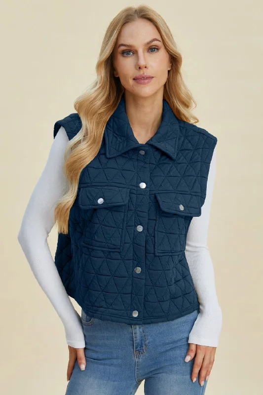 Limited Availability Double Take Full Size Pocketed Texture Snap Down Vest Coat