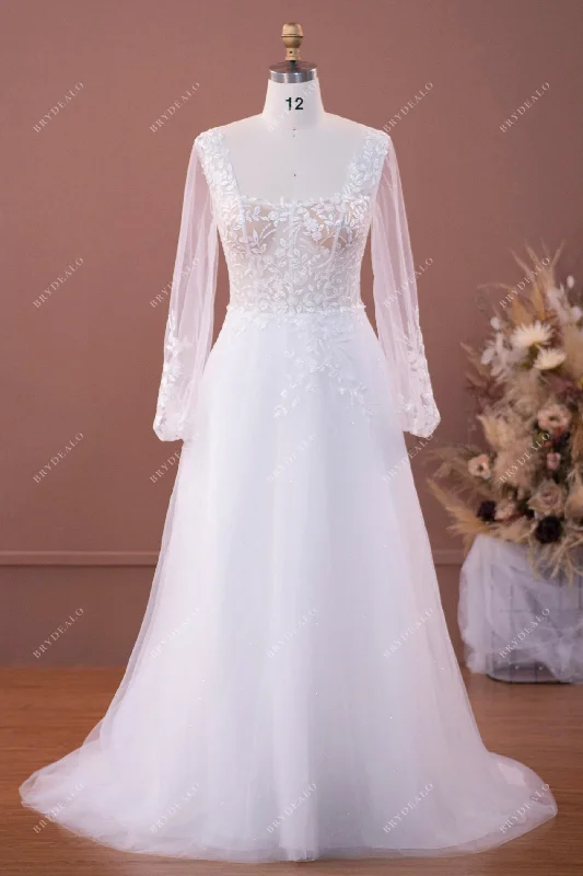 Extra Savings Illusion Long Sleeve Lace Shimmery Tulle Wedding Dress