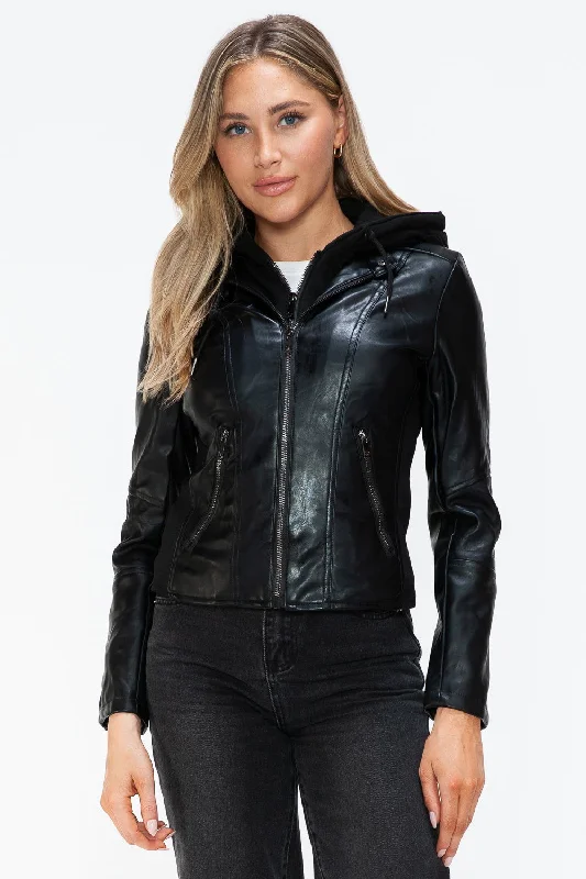 Exclusive Preview Snobbish Faux Leather Zip Up Drawstring Hooded Jacket