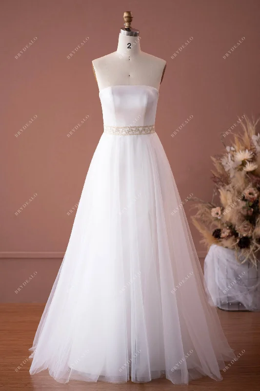 Major Savings Strapless Straight Neck Satin Tulle A-line Wedding Dress