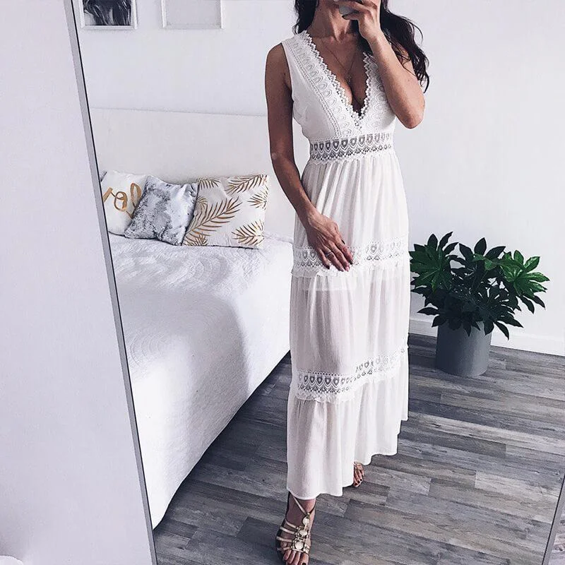 Price Cut Beach White Chiffon Lace Patchwork Backless Maxi Dress