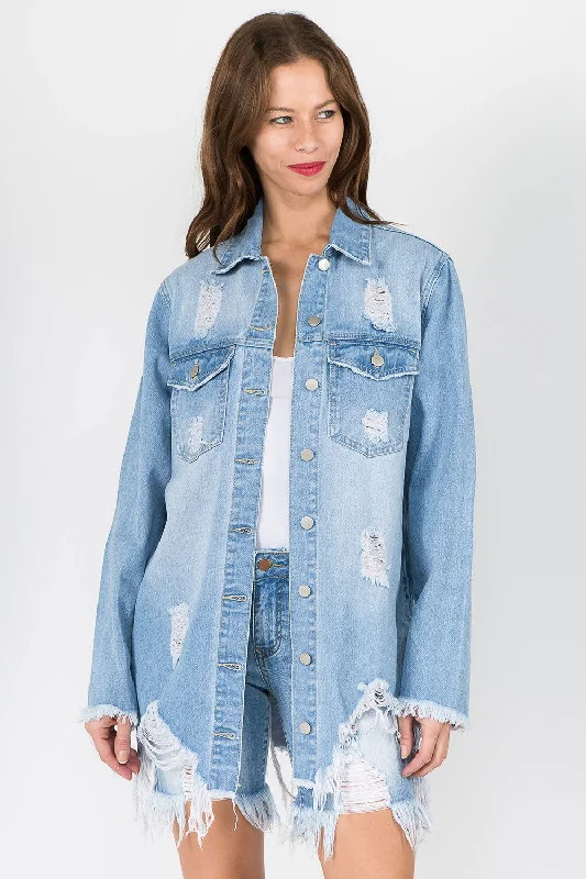 While Supplies Last American Bazi Distressed Frayed Hem Denim Jacket