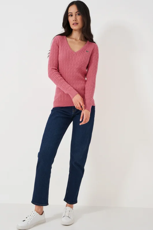 Can't Be Beat Heritage Cable Knit Cotton Cashmere V-Neck Jumper