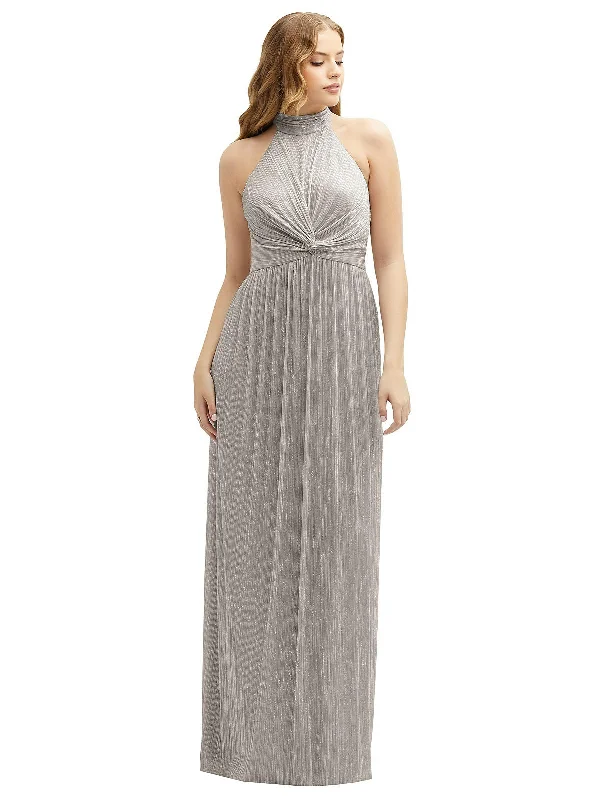 Factory Direct Sale Band Collar Halter Open-Back Metallic Pleated Maxi Dress