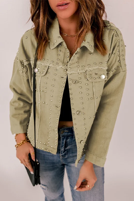 Deep Discounts Frayed Trim Rivet Denim Jacket