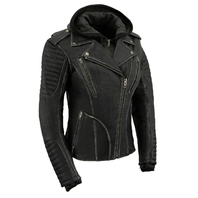 Instant Discount Milwaukee Leather MLL2516 Black Leather Rub-Off Leather Jacket with Hoodie for Women Instant Discount Milwaukee Leather MLL2516 Black Leather Rub-Off Leather Jacket with Hoodie for Women