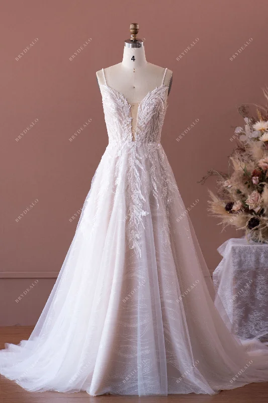 Low Prices Beaded Strap Plunging Shimmery Lace A-line Wedding Dress
