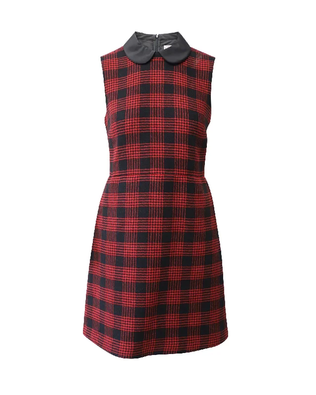 Limited Stock Red Valentino Sleeveless Plaid Mini Dress in Red Wool