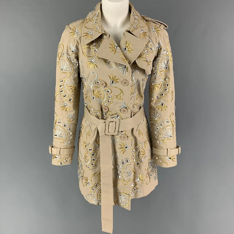 Steals and Deals MANOUSH Size 4 Khaki Silver Gold Cotton Embroidered Trench Coat