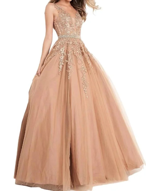 Price Rollback A-Line Ball Gown With Intricate Embroidery In Gold