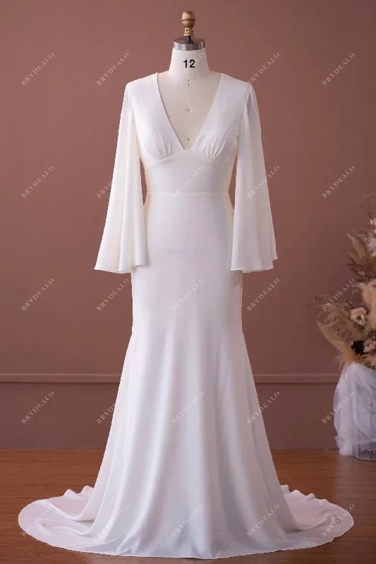 Value Deals Elegant Bell Sleeve Stretch Satin Mermaid Wedding Dress
