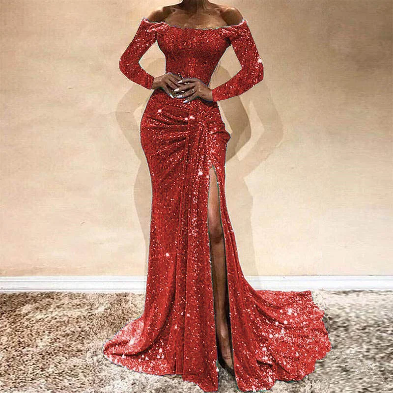 Limited Availability Off Shoulder Sequin Slit Long Sleeve Dress