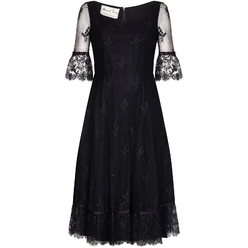 Anniversary Sale Marcel Fenez 1960s Black Cocktail Dress With Lace Cuffs