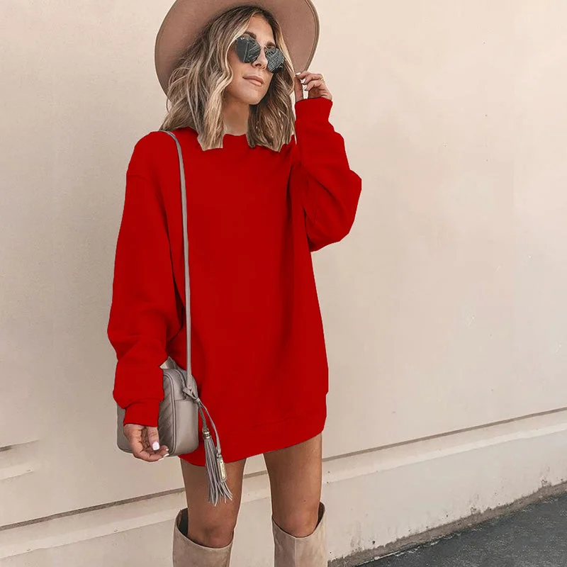 Discount Deals Long Sleeve Simple Loose Plain Sweatshirt Dress