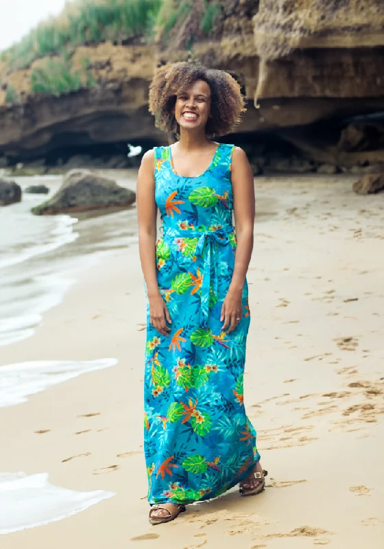 Hot Deal Alani Tropical Leaves Print Cotton Maxi Dress
