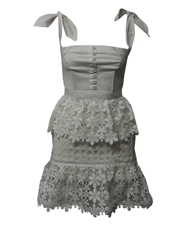 Price Drop Self Portrait Ribbon Guipure Lace Tiered Mini Dress in White Polyester