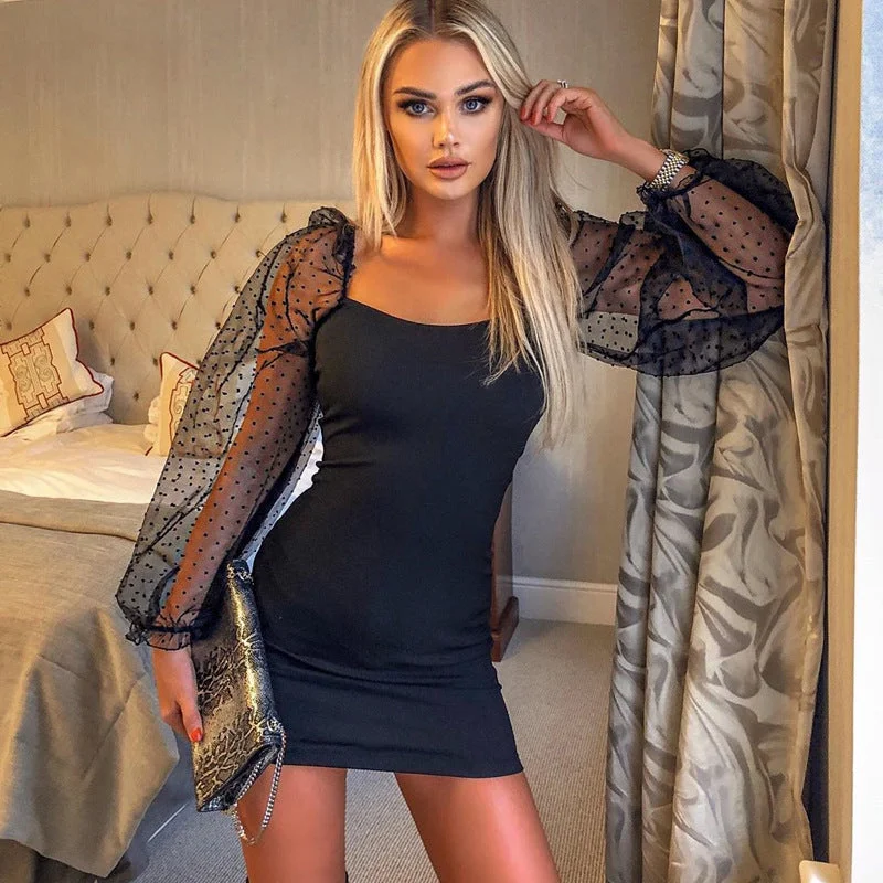 Special Discount Mesh Patchwork Sheer Bodycon Long Sleeve Dress