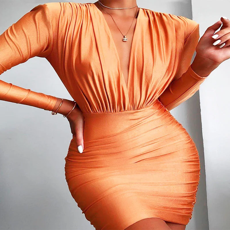 Price Meltdown Orange V Neck Ruched Bodycon Long Sleeve Dress