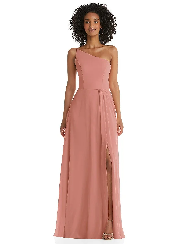 Hurry In One-Shoulder Chiffon Maxi Dress with Shirred Front Slit