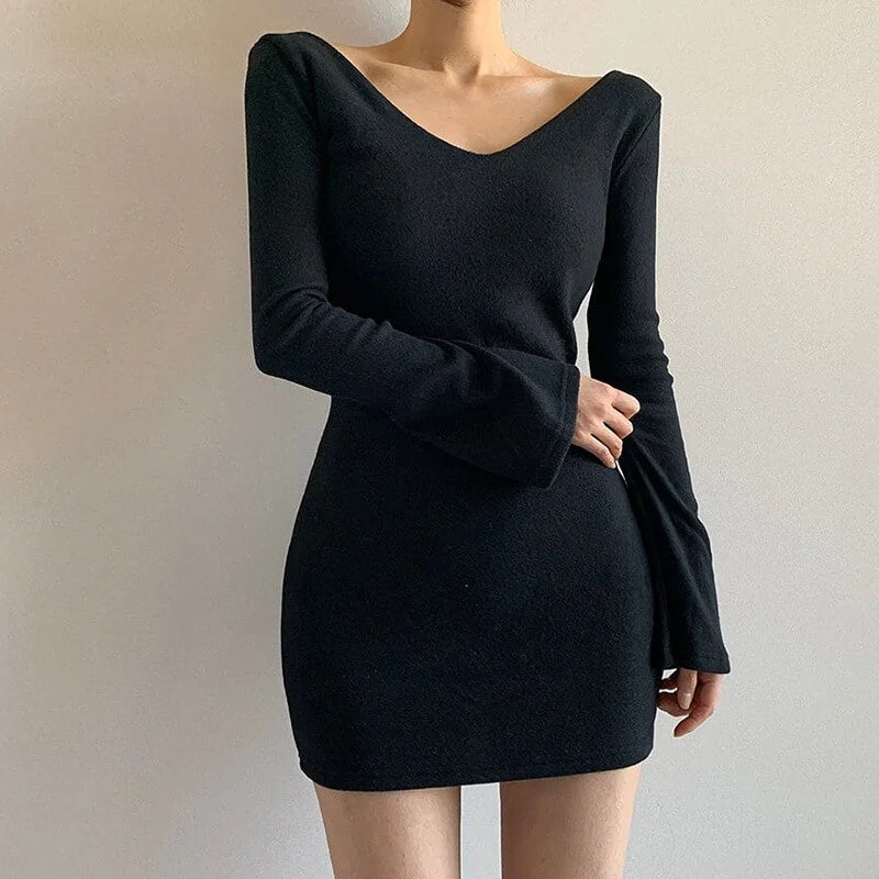 Blowout Sale Long Wide Sleeve Bodycon V Neck Plain Dress