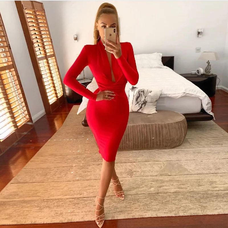 New Deals V Neck Stretch Long Sleeve Bodycon Dress