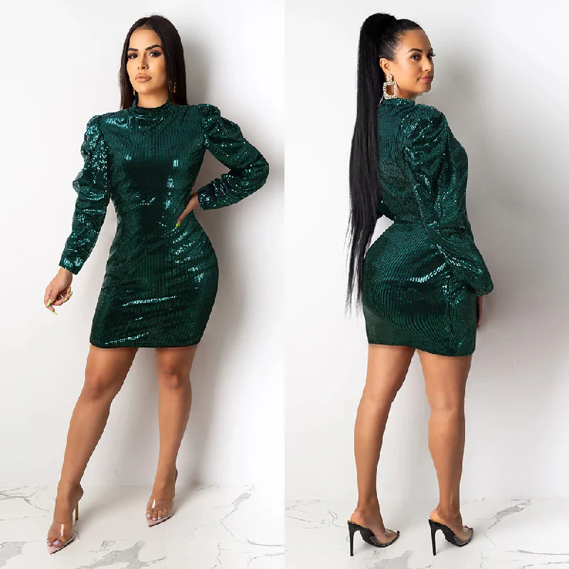 Special Buy Green Sequin Puff Sleeve Bodycon Dress