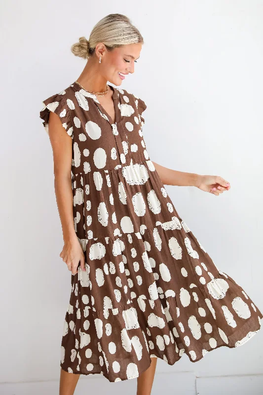 Unbeatable Prices Simply Desirable Brown Dotted Tiered Midi Dress