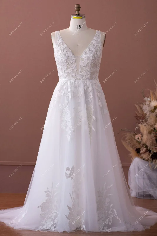 Savings Galore Plus Size Straps Plunging Lace Tulle A-line Wedding Dress