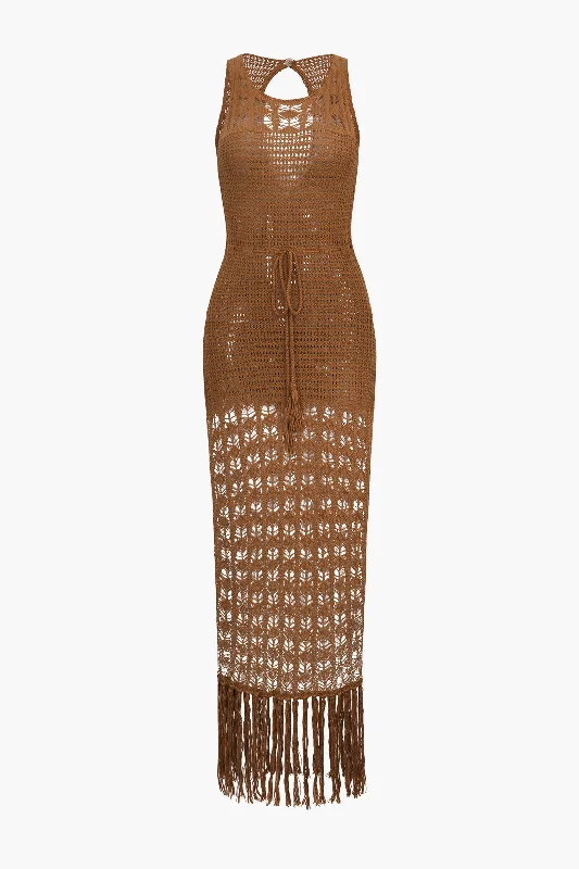 Online Only Tassel Hem Crochet Knit Cover Up Dress
