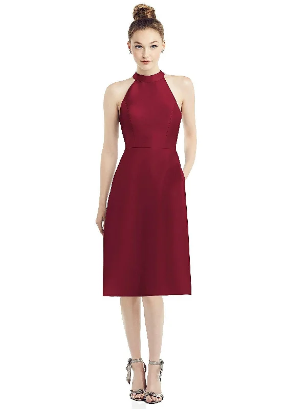 Price Slash High-Neck Open-Back Satin Cocktail Dress